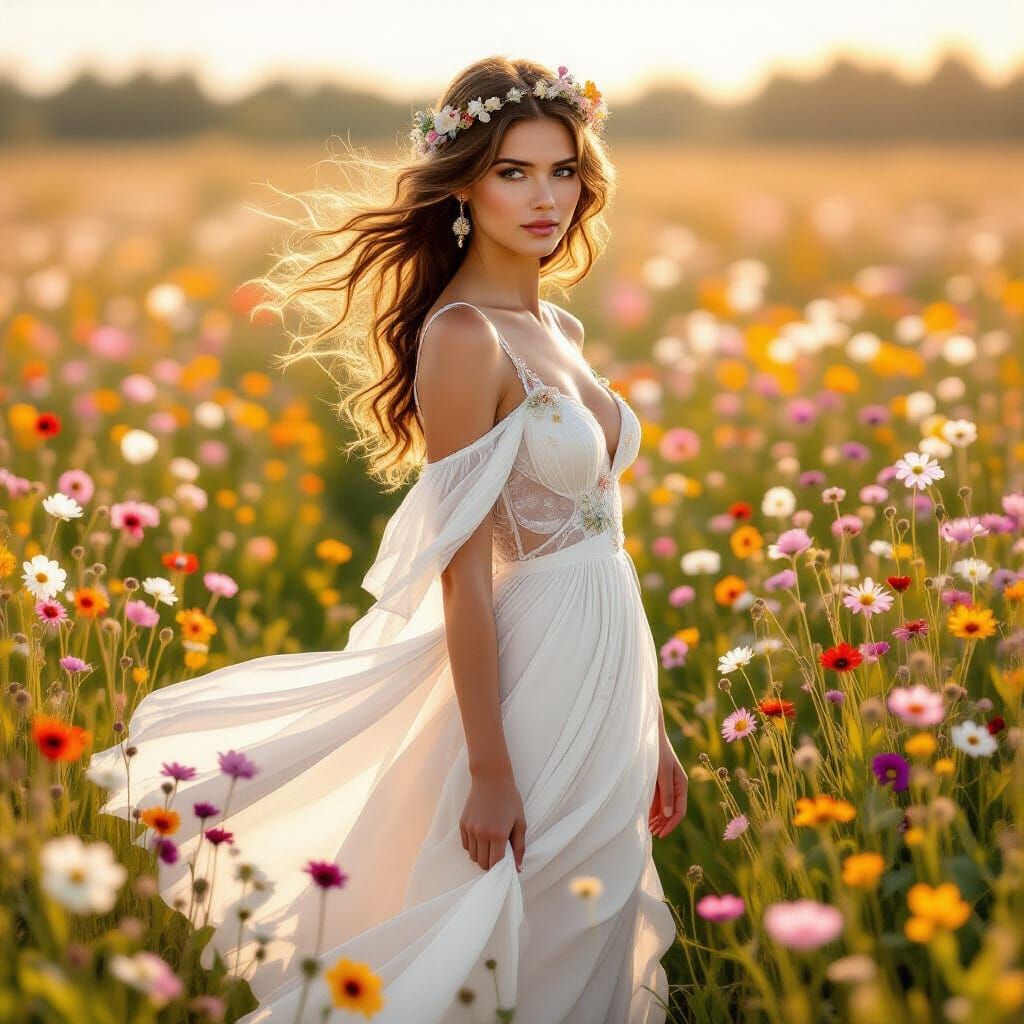 Woman in Flowered Field: Art Nouveau Style