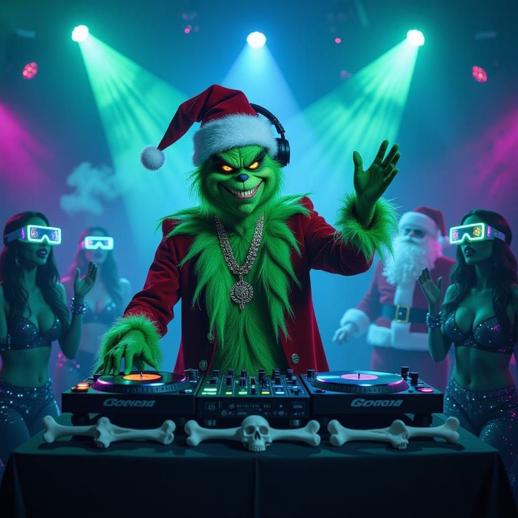 Grinch DJ with Bone Table in Neon Rave Scene