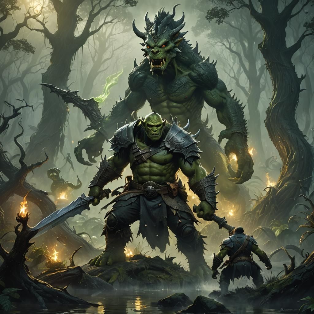 Orc vs Dragon in Dark Fantasy Swamp Art