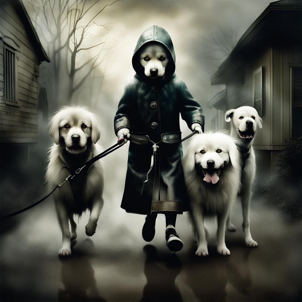 Surreal Scene of Dogs Attacking Walker