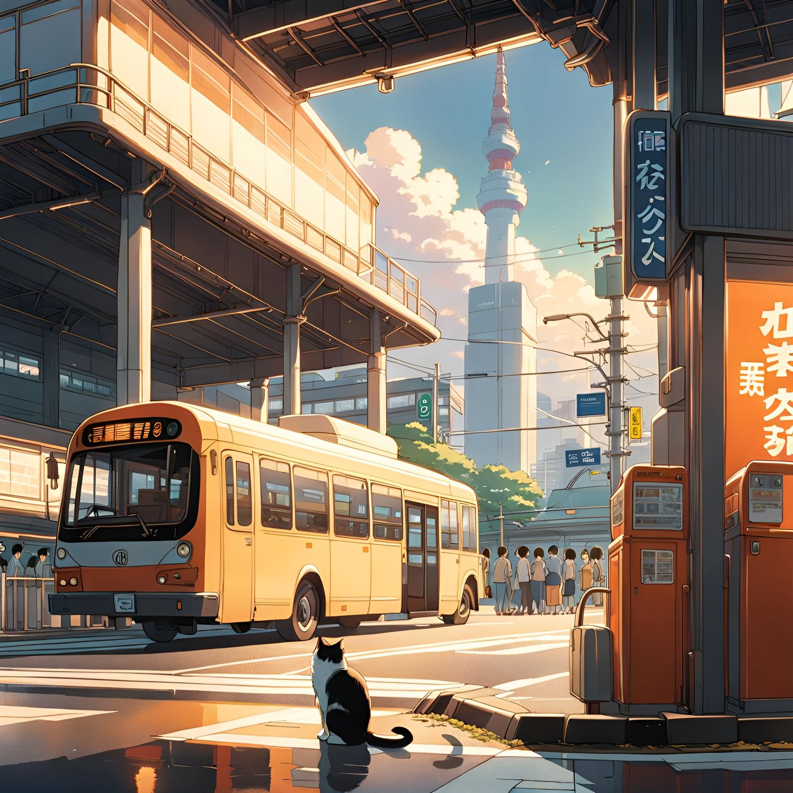 Cat at Tokyo Bus Stop in Ghibli Anime Style