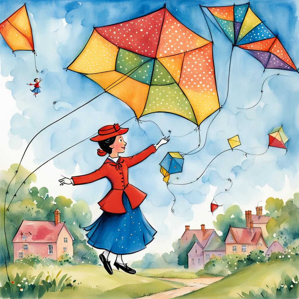 Mary Poppins Flying a Kite: Whimsical Illustration