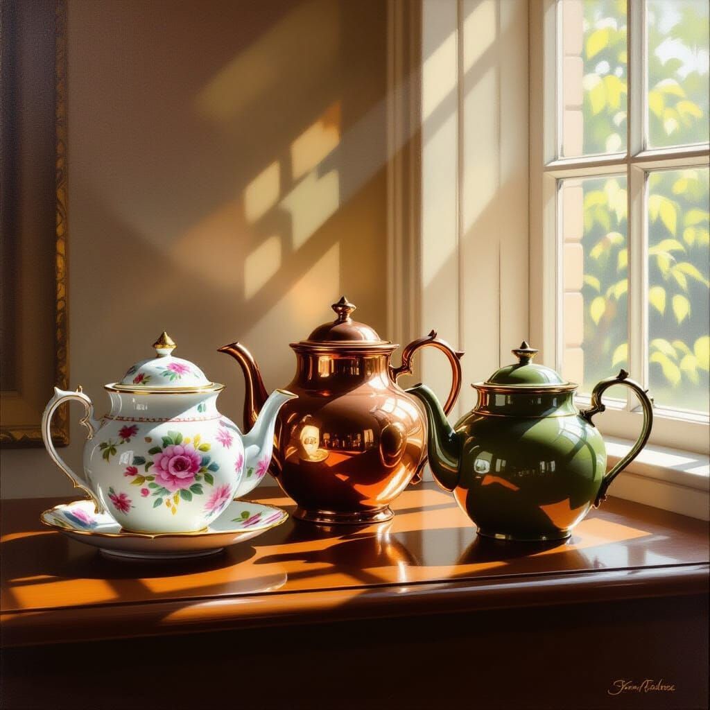 Ornate Antique Teapots on Shelf in Realistic Still Life