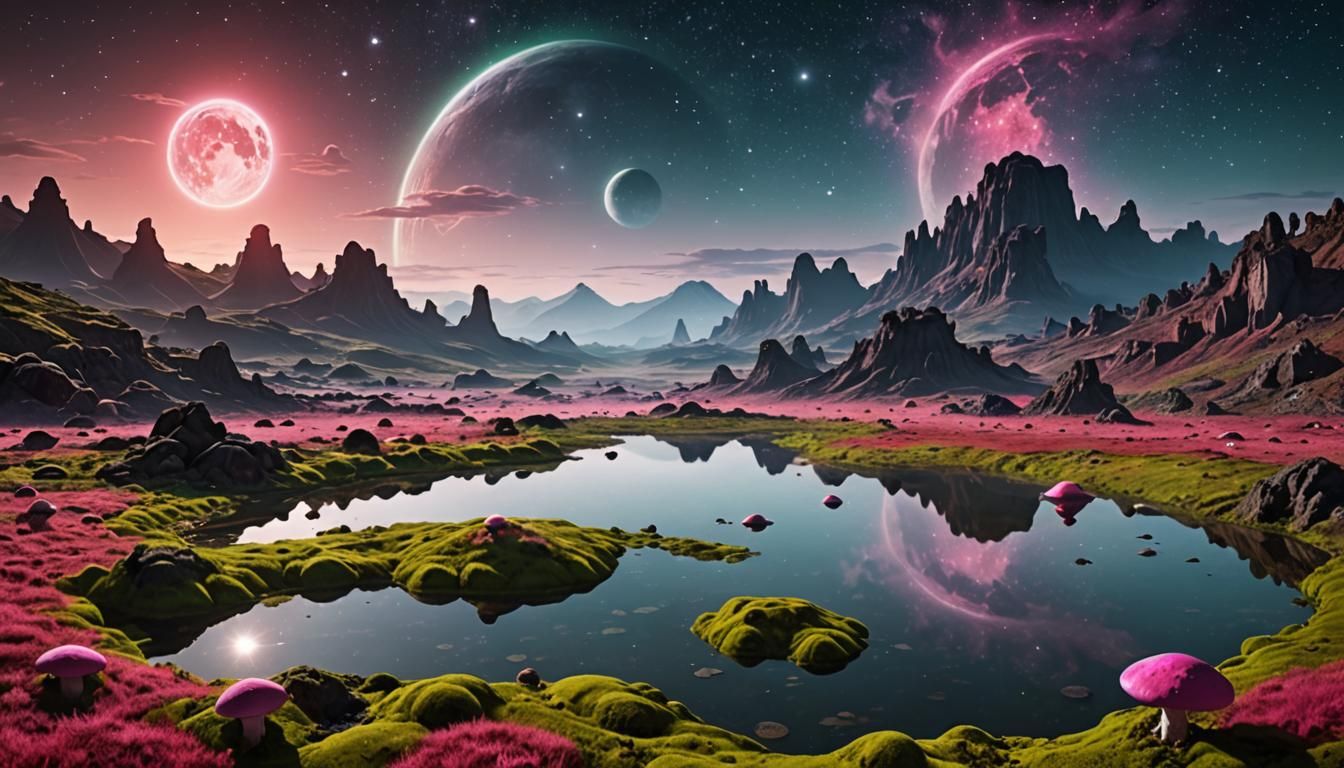 Alien Planet with Bioluminescent Magenta Mushrooms