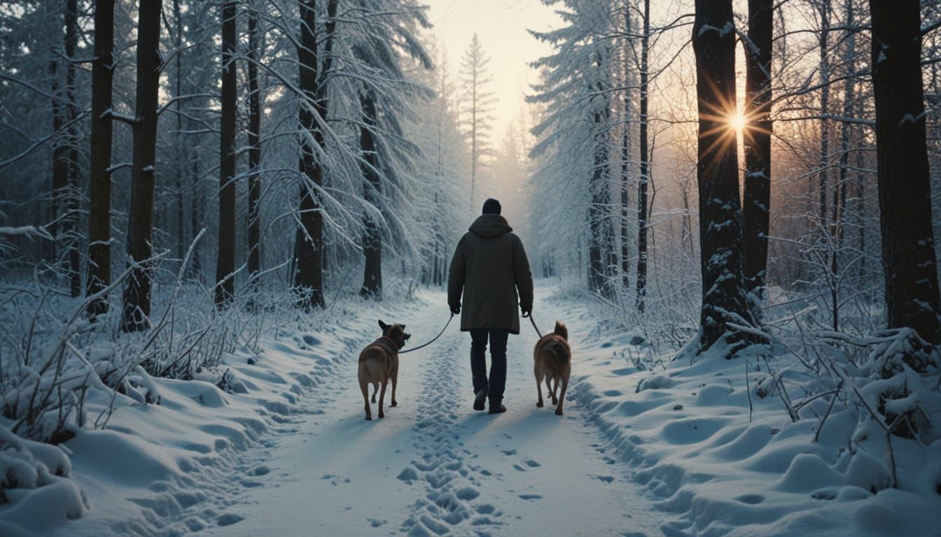 Man and Dog Walk in Winter Forest, Cinematic Film