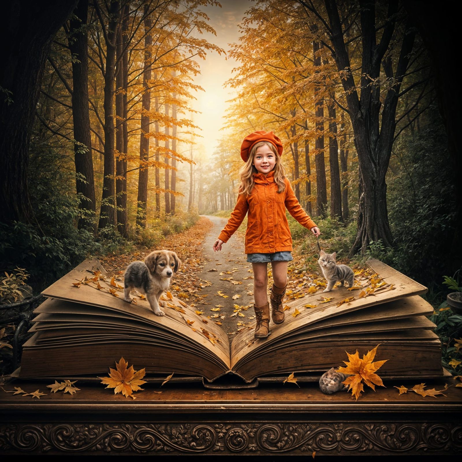 Adorable Girl with Puppy and Kitten