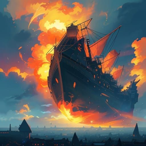 Dragon Breathes Fire at Ship with Hurricane Background in An...