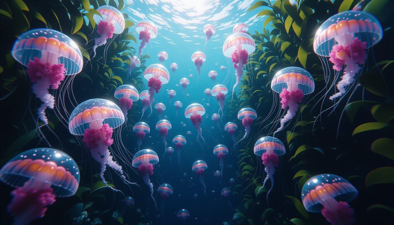 Vibrant Jellyfish Swarm in 3D Kelp Forest