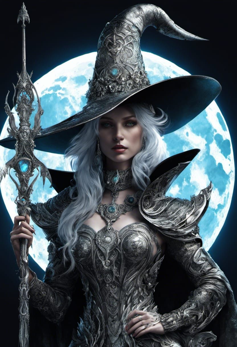 Armored Moon Witch with Kittens: Digital Art