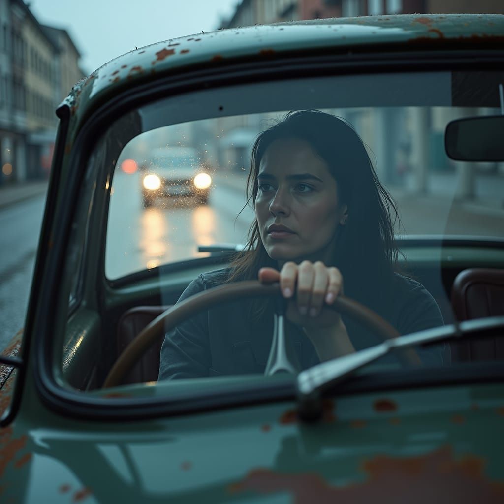 Woman Driving Vintage Car on Rainy Street