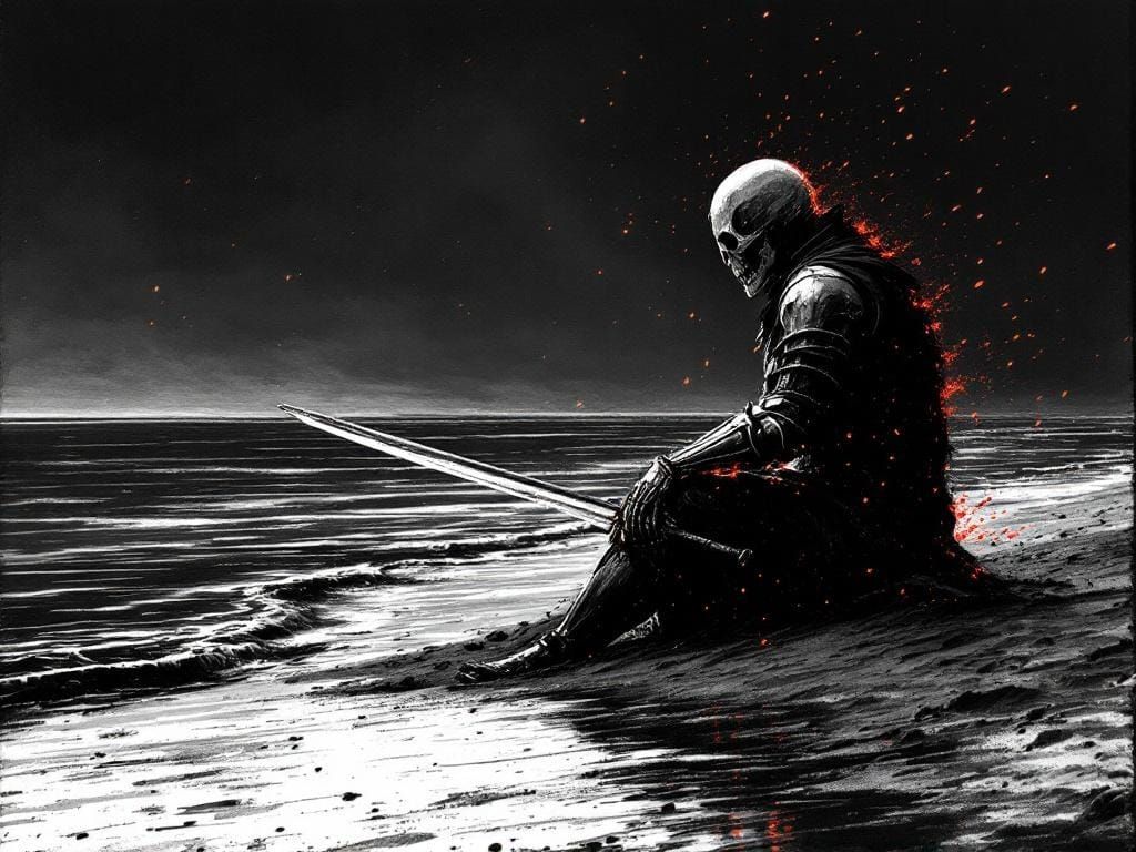 Eroded Knight Silhouette on Beach in Cross-Hatch Style