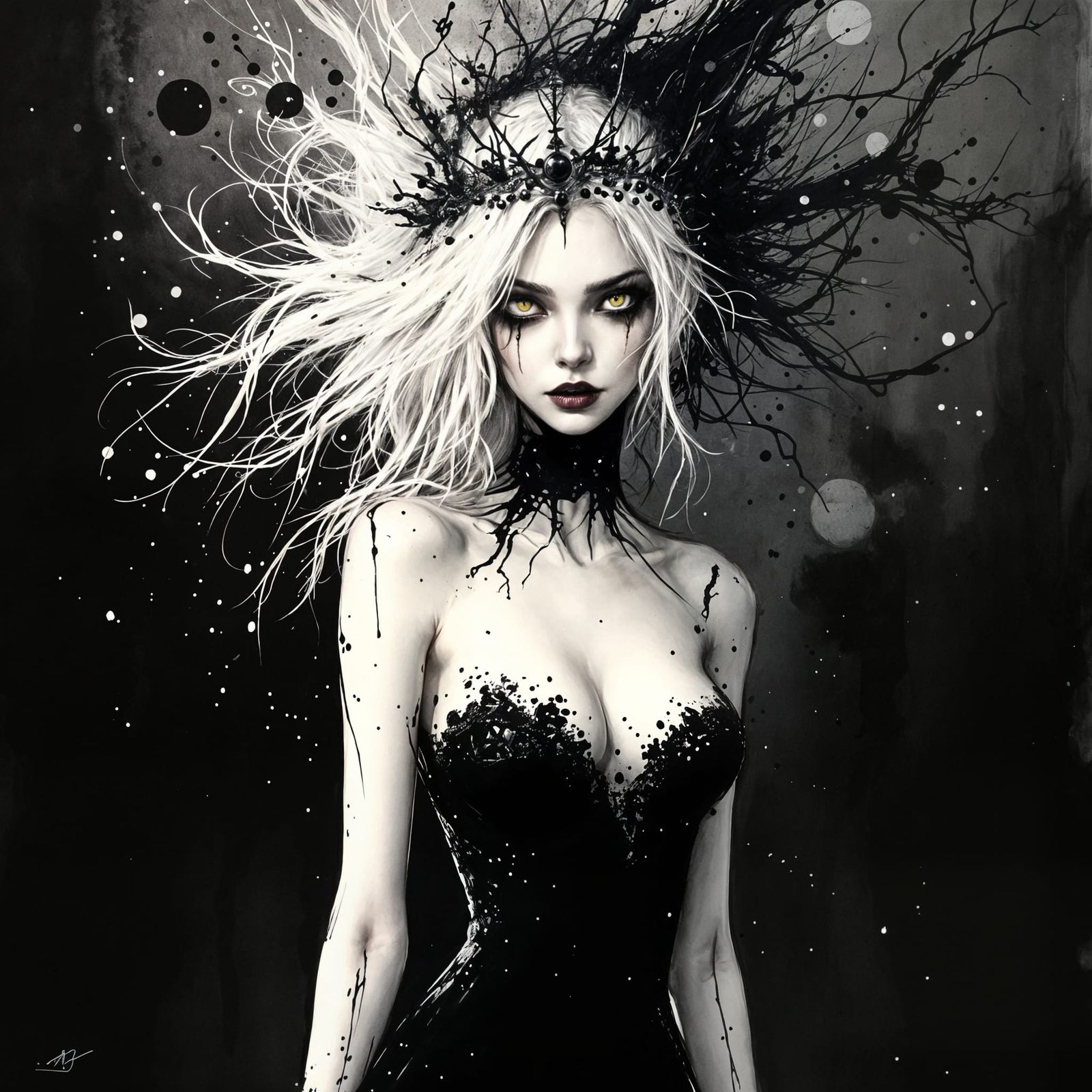 D&D Maiden with White Hair in Ink Drawing Style