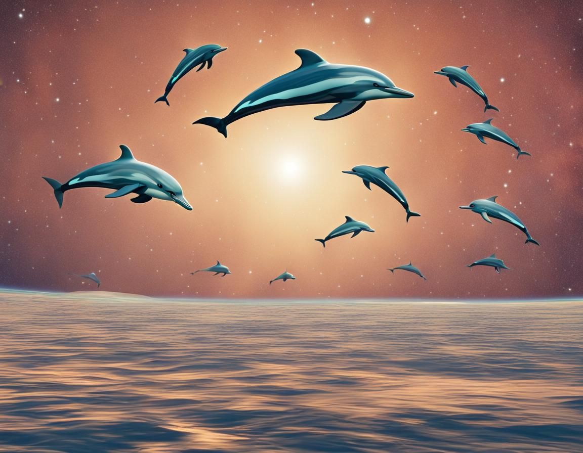 dolphins flying over the planet Saturn.