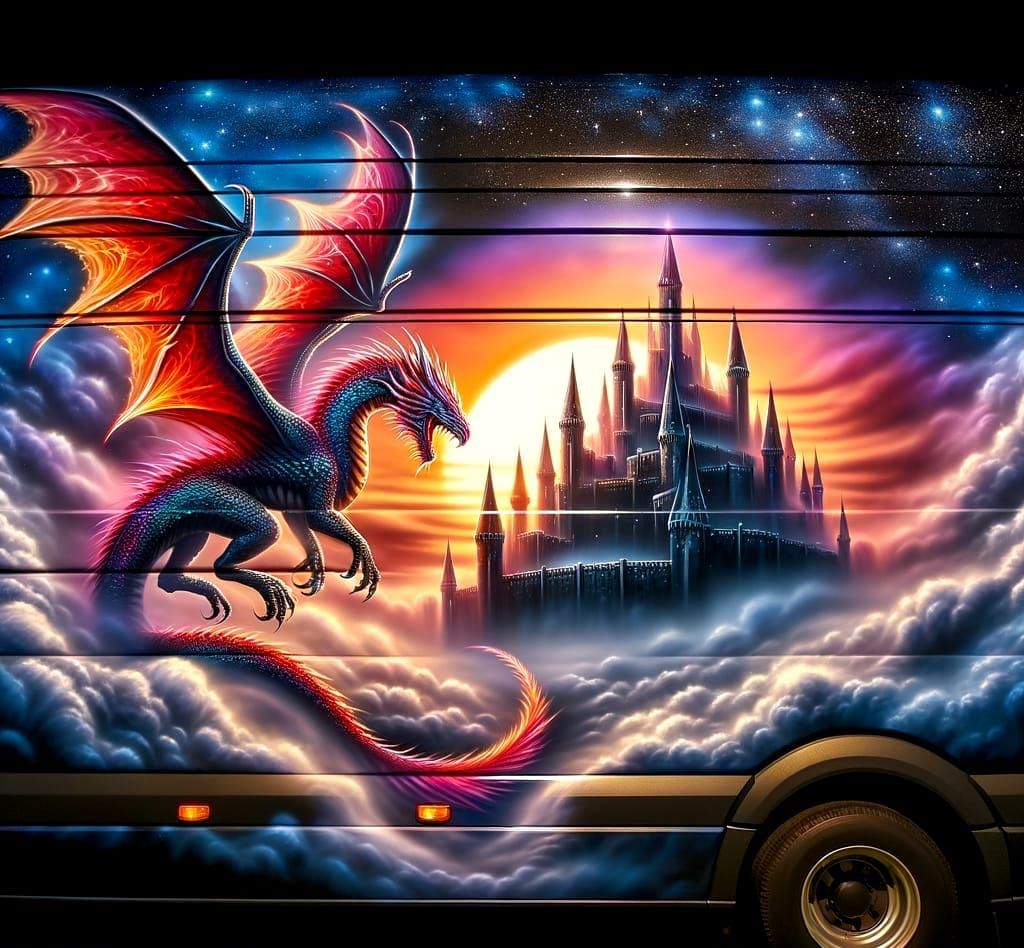 Magical Dragon Airbrushed on Van in Misty Landscape