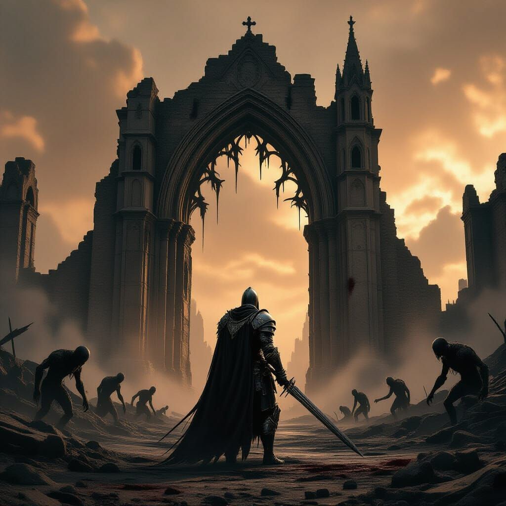 Lone Knight Before Gothic Archway on Desolate Battlefield