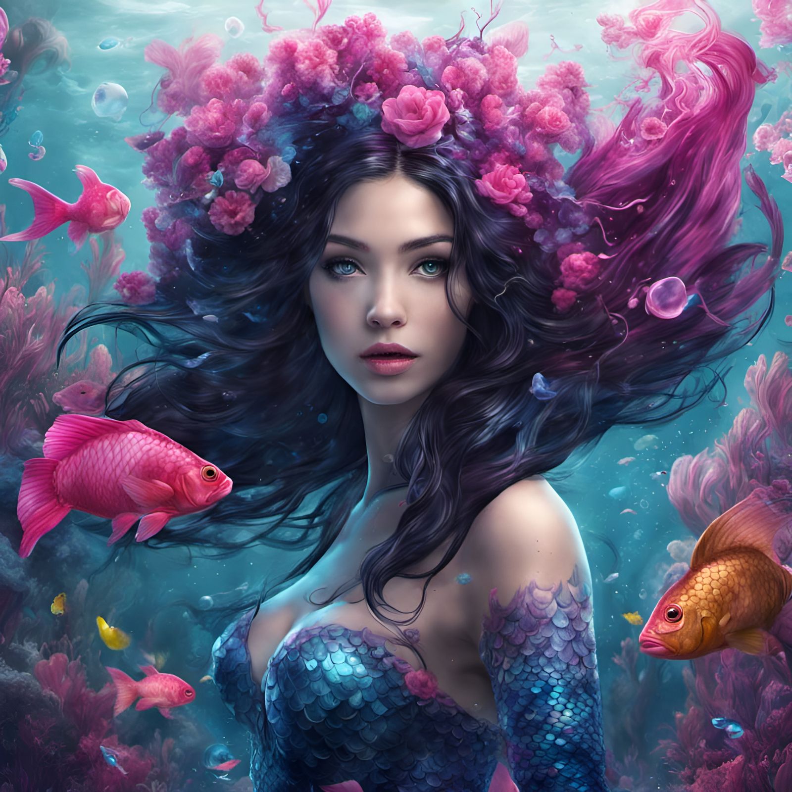 Black Haired Mermaid Princess with Magenta Fish