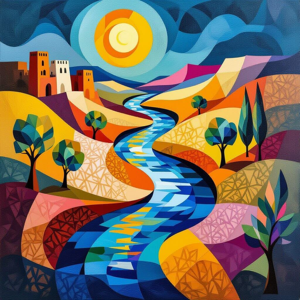 Surreal Convergence of Nile and Jordan Rivers in Cubist Styl...