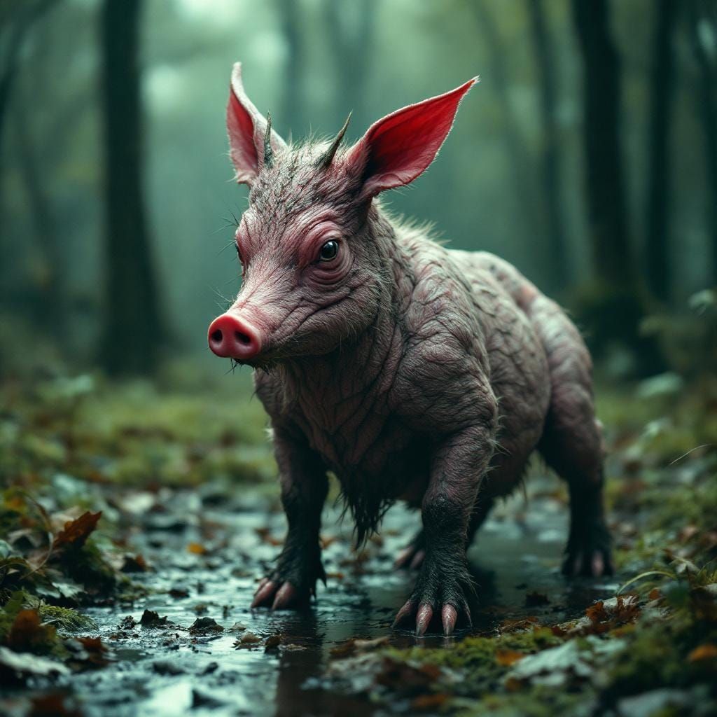 Hybrid Deer-Pig Creature in Cinematic Film Still