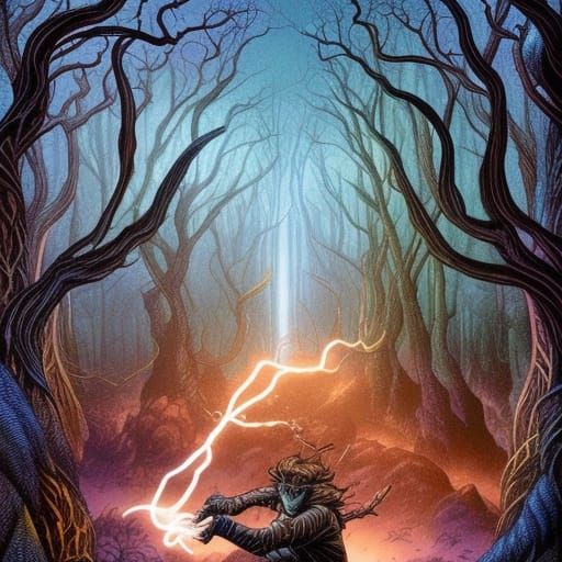 Man Amidst Lightning in Fantasy Forest, Comic Art
