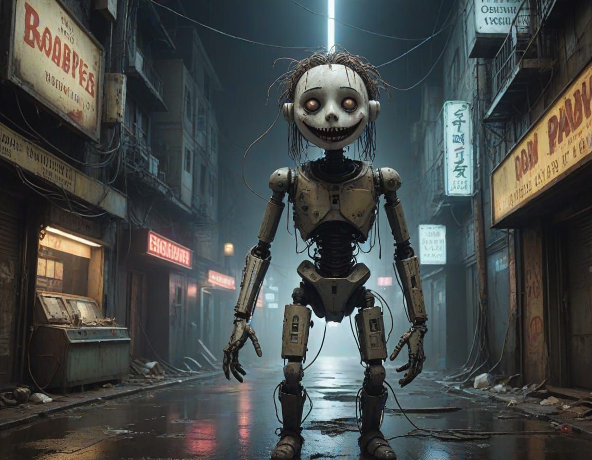 Grotesque Marionette Doll in Dystopian Cyberpunk Alley