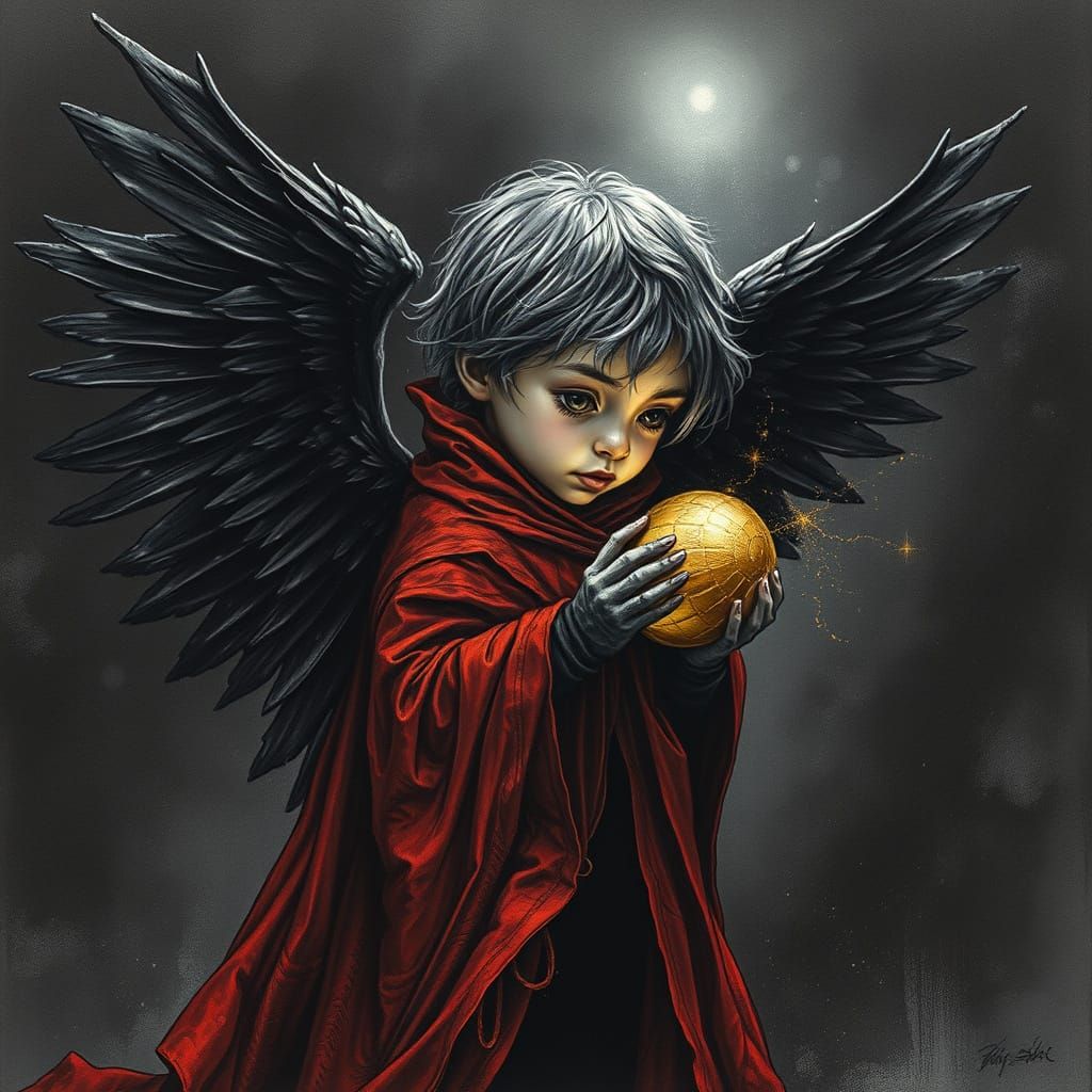 Dark Angel with Golden Shell in Charcoal Drawing