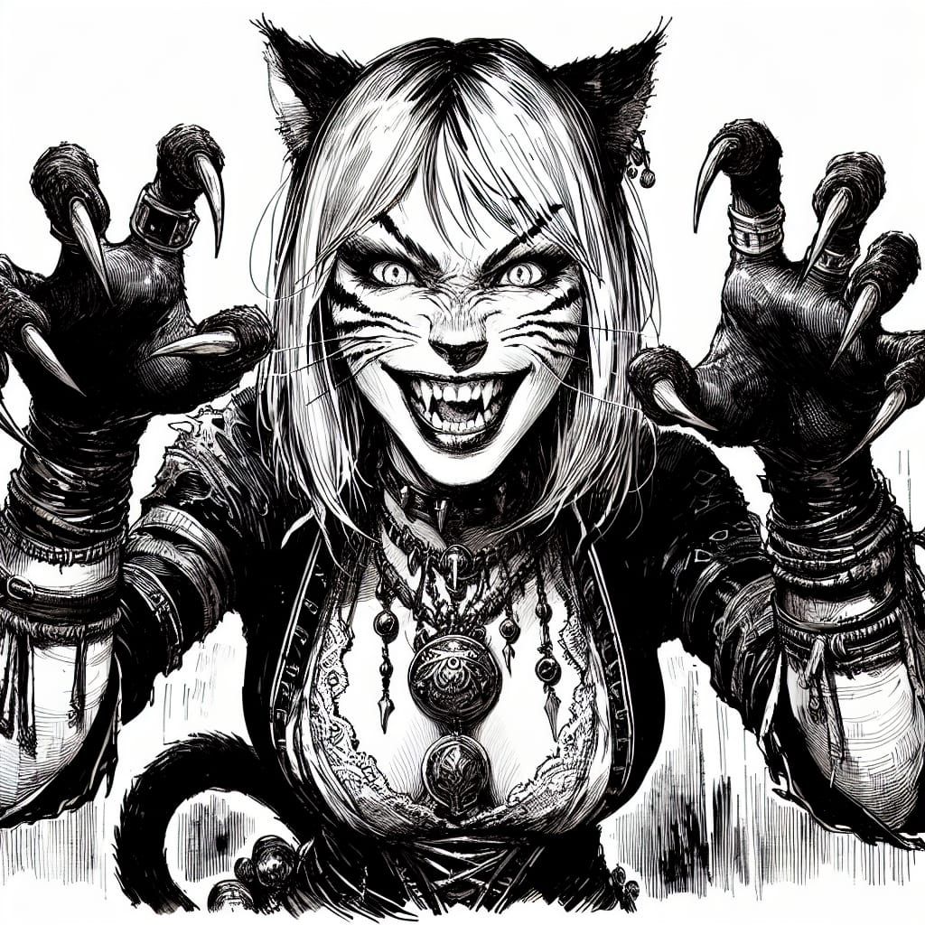 Feral Feline Woman Brawler in Dark Fantasy Ink Style