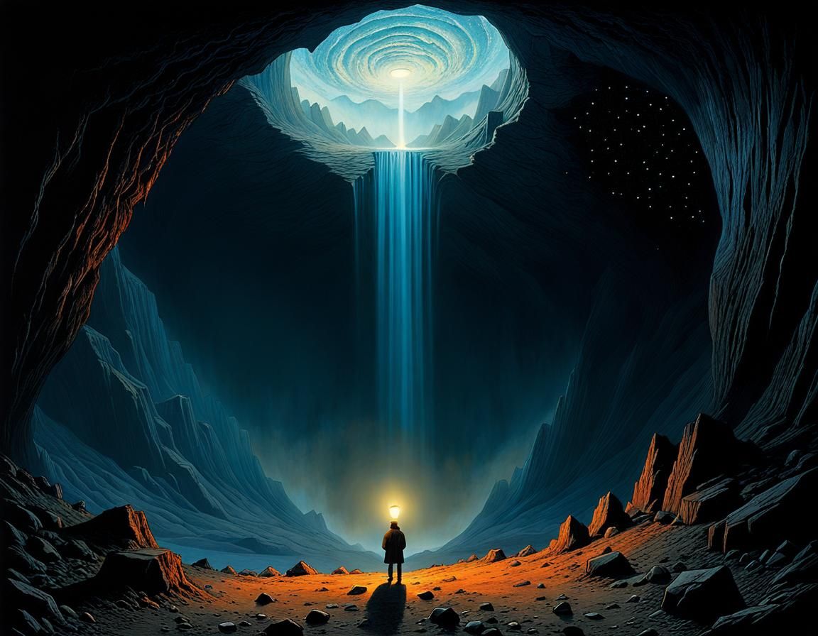 Speleologist in Volcanic Cave, Beksiński Style