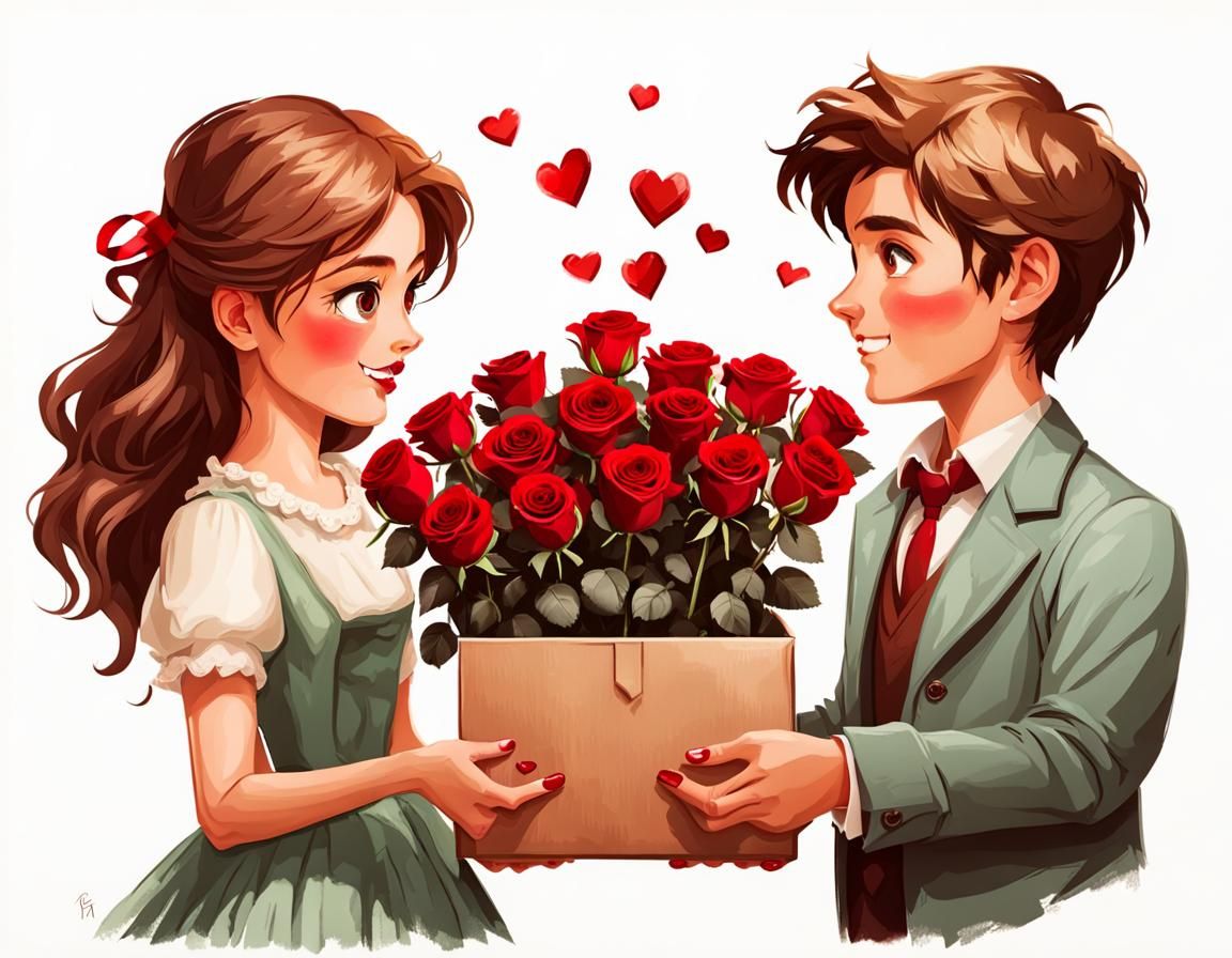 Boy Giving Chocolates and Roses to Girl