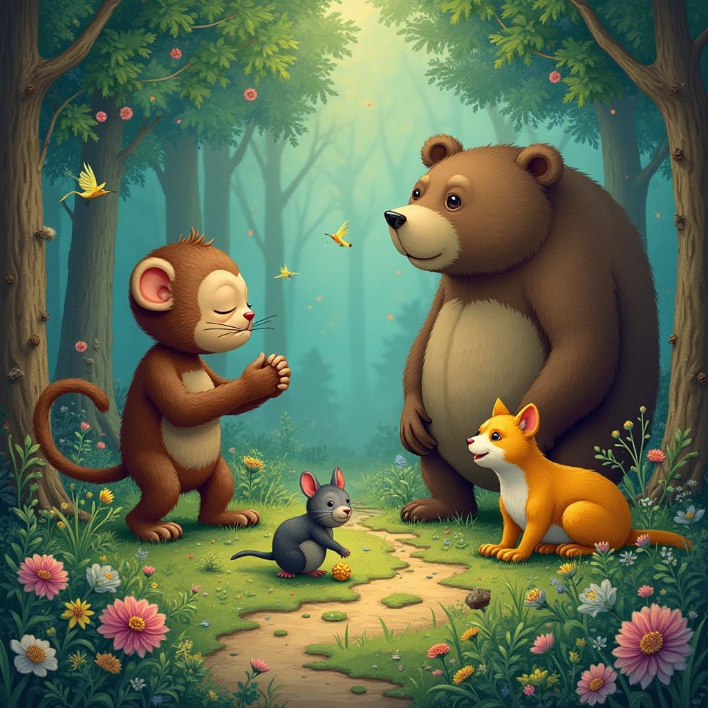 Whimsical Forest Gathering in Vibrant Dreamlike Style