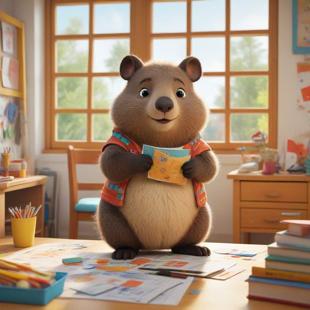 Whimsical Wombat Classroom Scene in Playful Watercolor Style