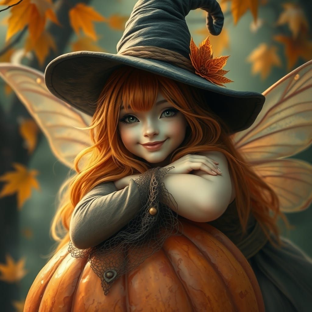 Autumn Fairy with Jack-o-Lantern in Ethereal Style