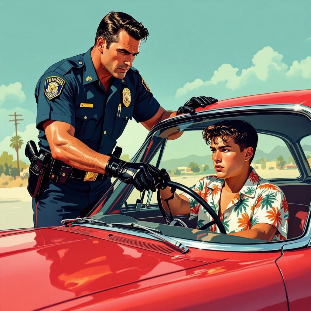 Dramatic 1950s L.A. Cop Confrontation in Film Noir Style