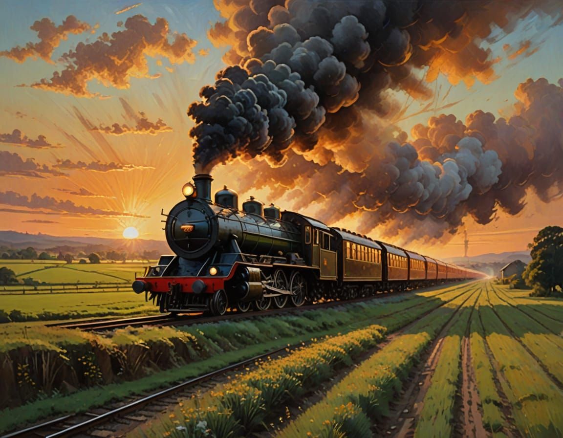 Vintage Steam Train Chugs Through Sunset Fields