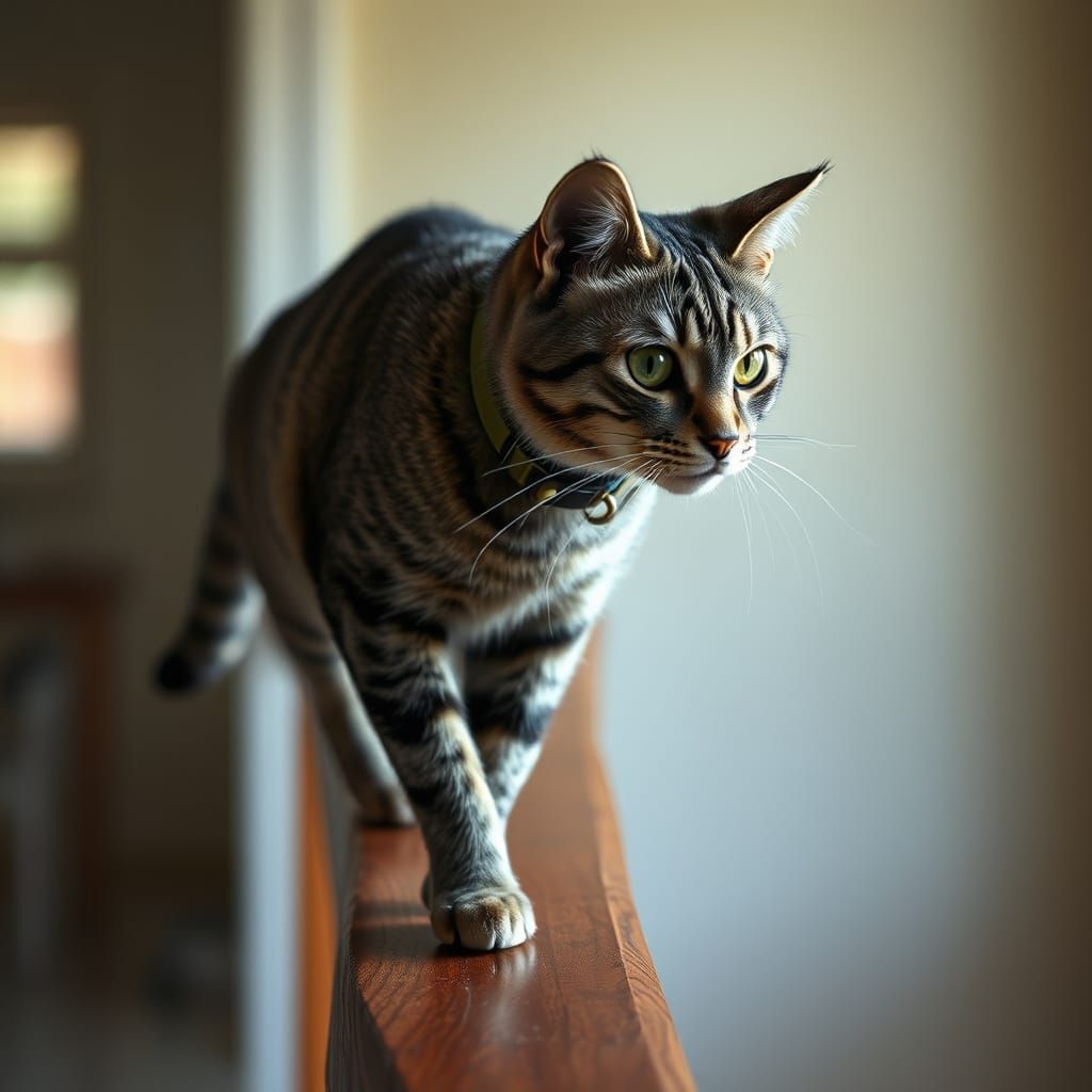 Tabby Cat Walks Railing: Photorealistic Indoor Scene