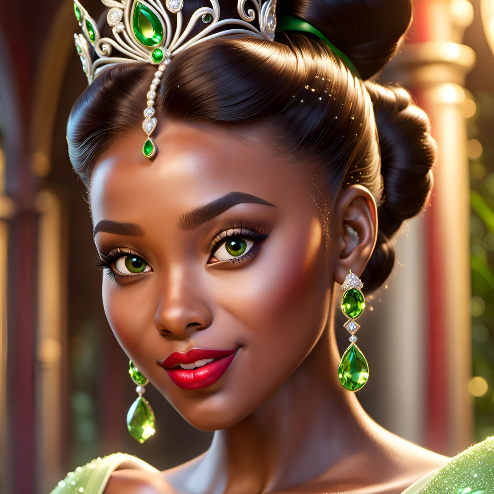 Gorgeous Princess Tiana with Green Jewels, Pixar Style