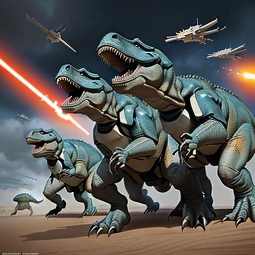 Dinosaurs vs star wars storm troopers in a massive war.