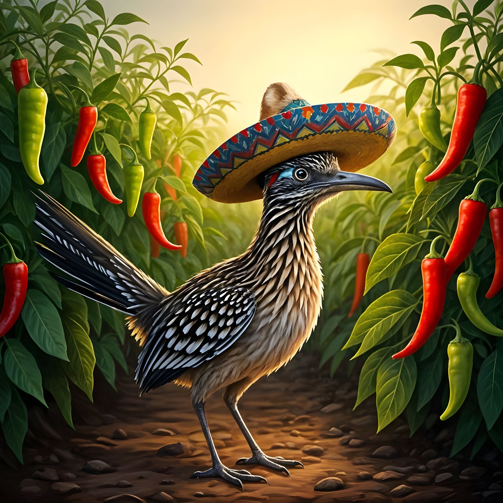 Roadrunner in Sombrero Amongst Chili Plants