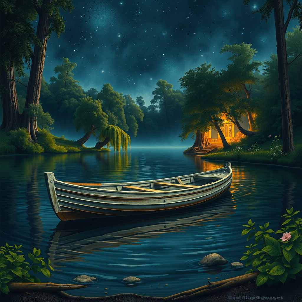 Serene Boat on Lake at Night, Gurney Style