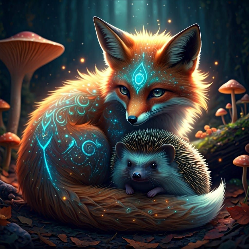 Fox and Hedgehog in Enchanted Autumn Forest