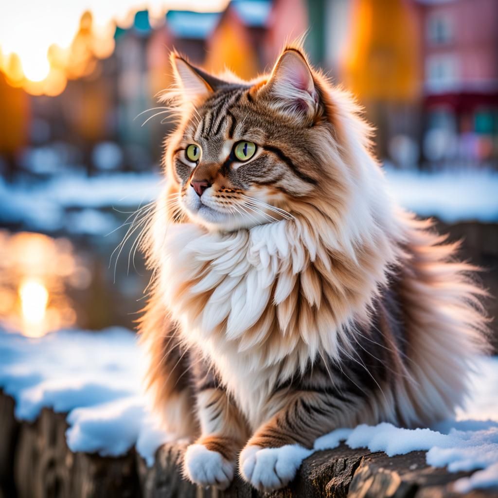 Fluffy Cat by River in Snowy Landscape