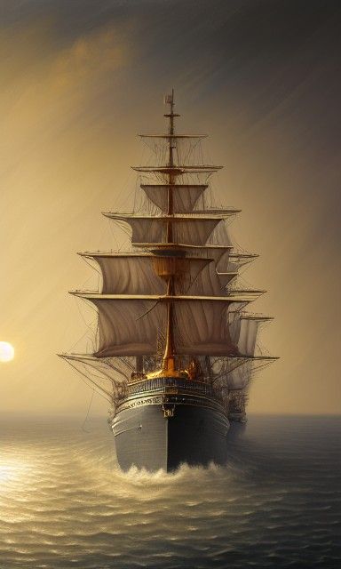 Tall Ships at Sea in Hyperrealistic Oil Painting