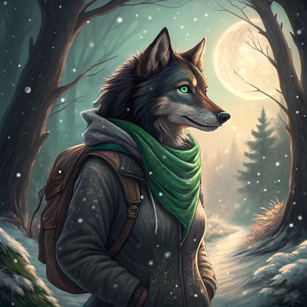 Surreal Sunset Wolf in Serene Snowy Forest