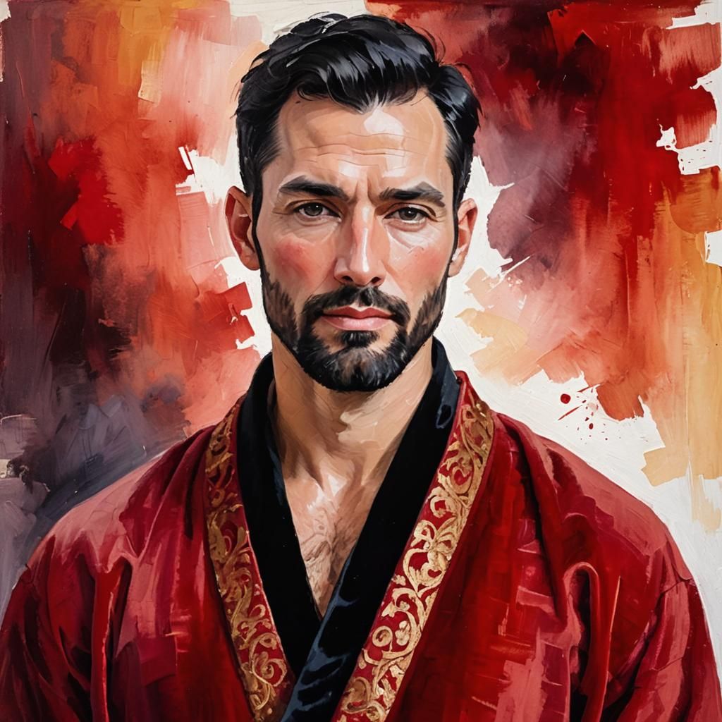 Serene Man in Red Velvet Bathrobe: Impressionist Oil Paintin...