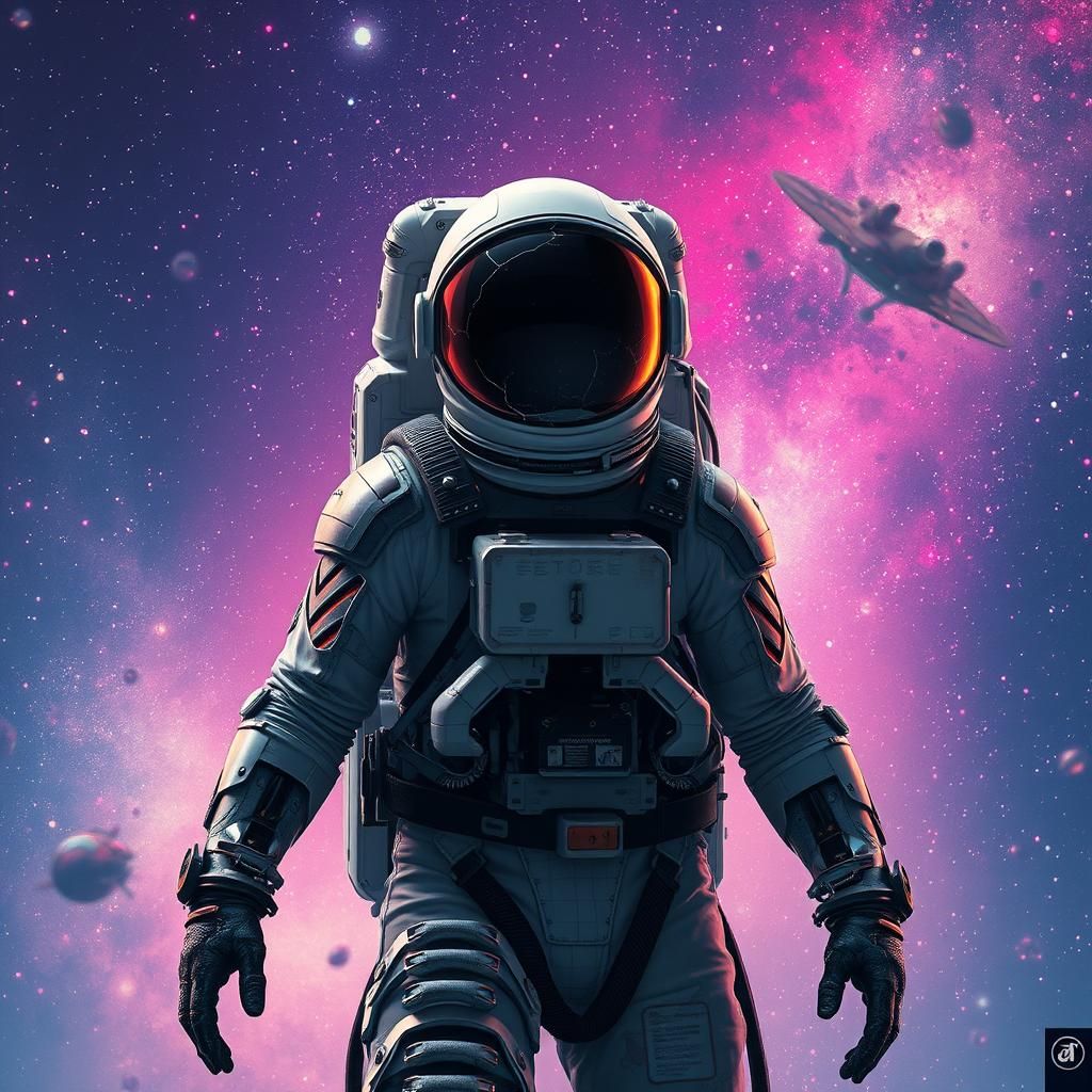 Astronaut in Damaged Suit Amid Neon Galaxy