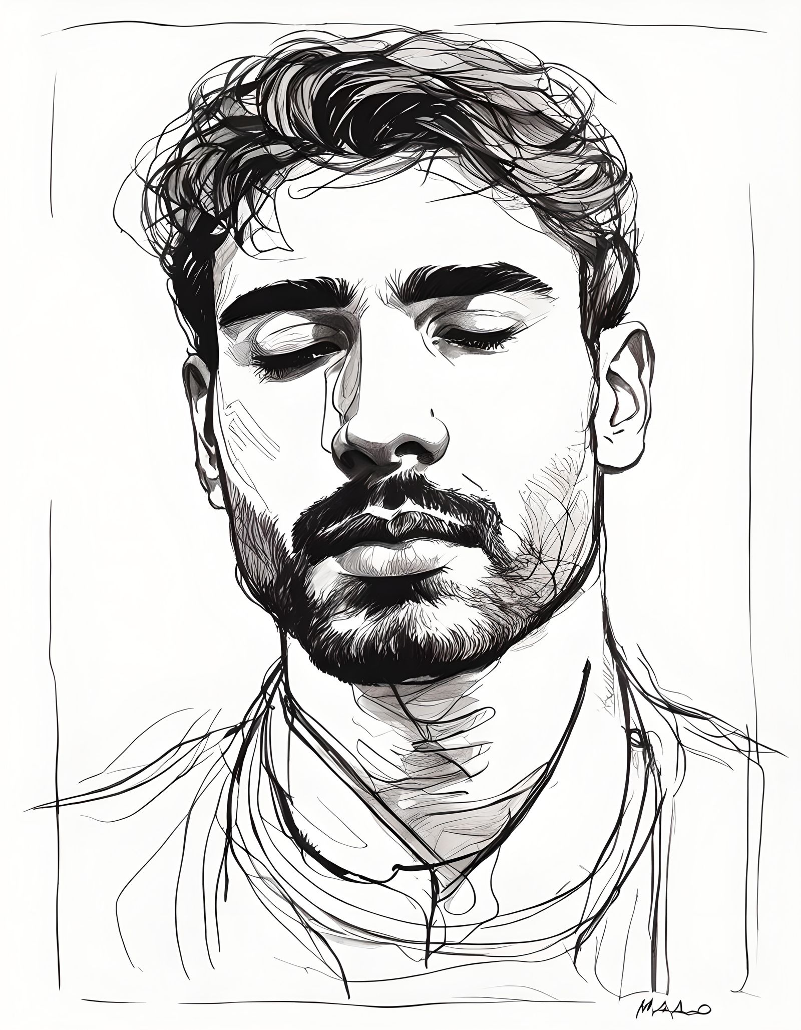 Line Sketch of Handsome Man Smoking a Cigarette