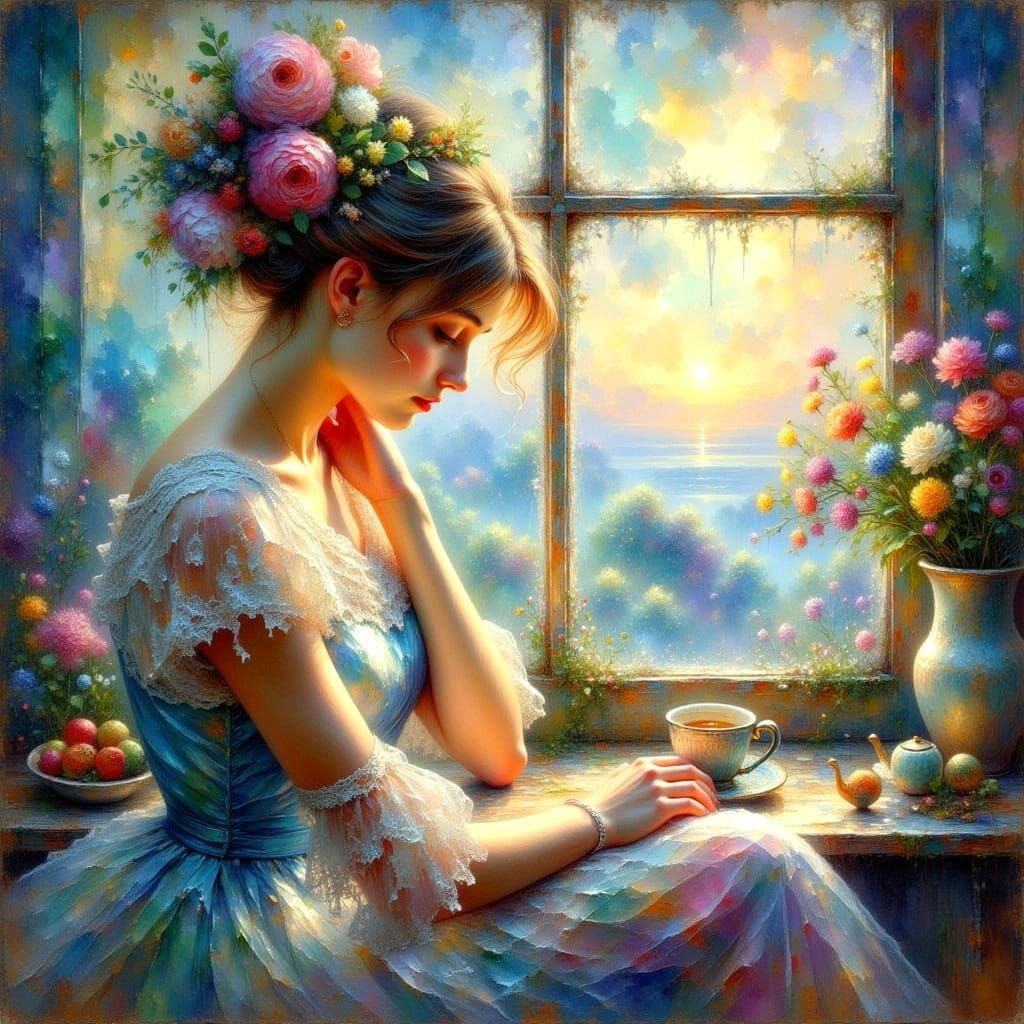 Sad Woman at Frosty Window in Impressionistic Style