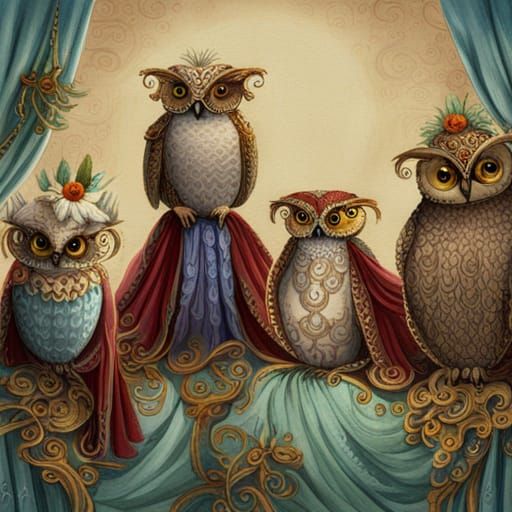 Owls' Rococo Masquerade: A Watercolor Fantasy