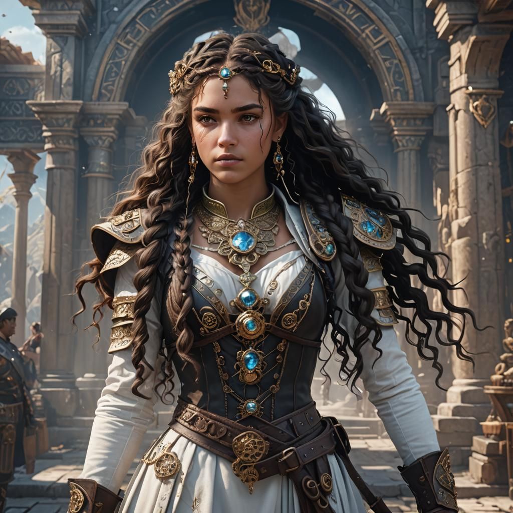 18 year old woman with  dark brown long braided curly hair i...