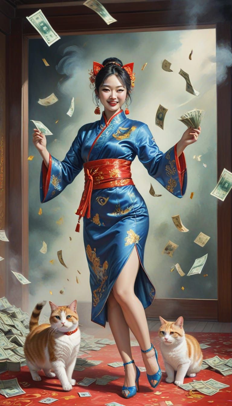 Sultry Fortune Cat Dances in Smoky Nightclub