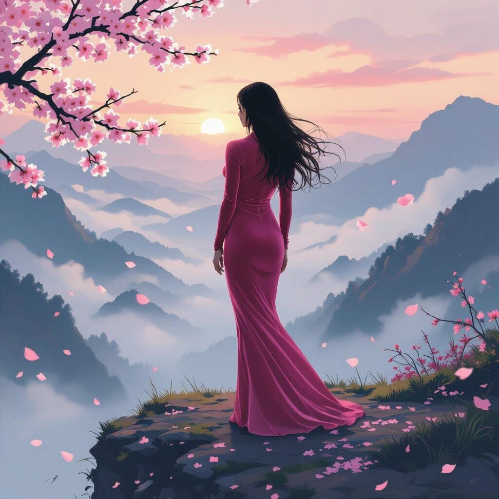 Woman on Cliff in Japanese Ink Wash Style